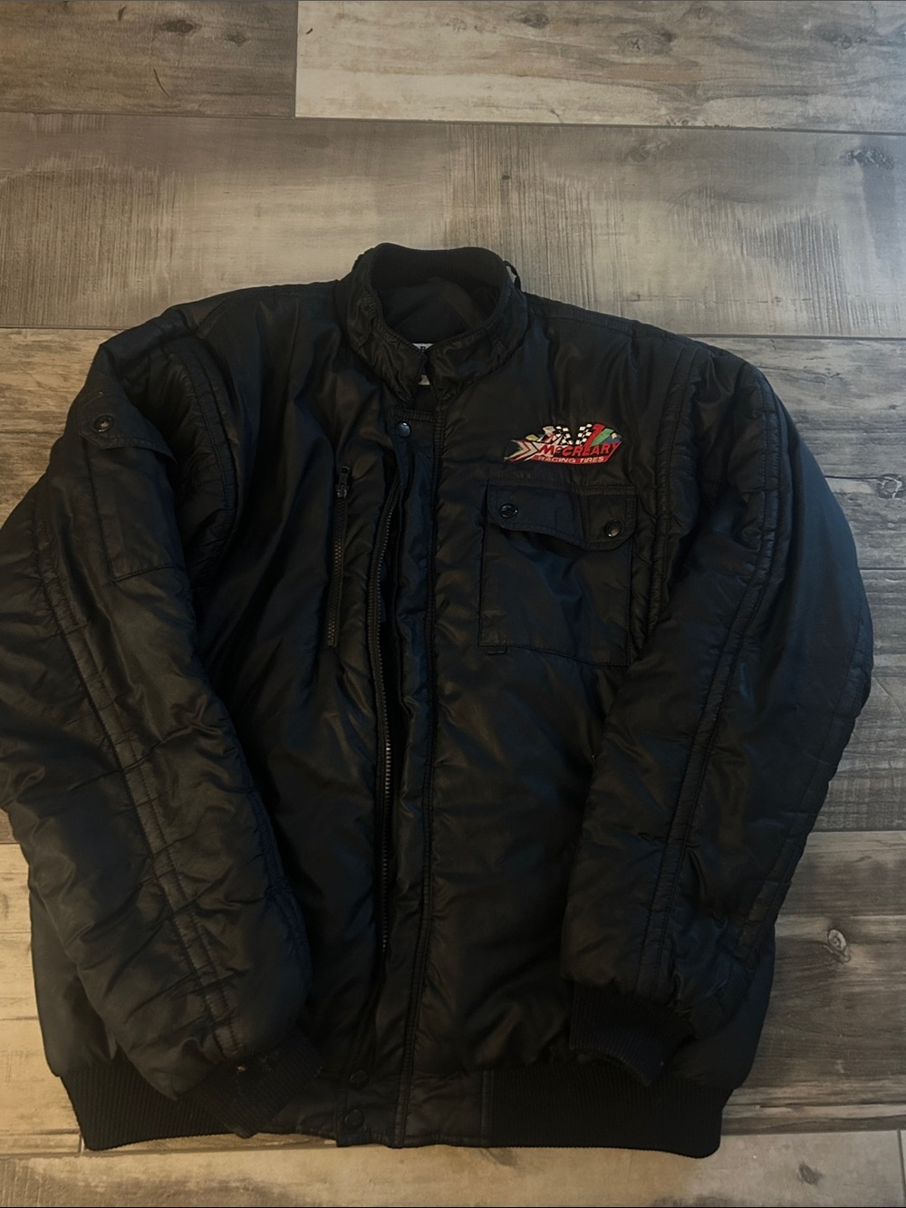 Vintage Black Mccreary racing tires quilted Men’s Jacket missing zipper pull XL